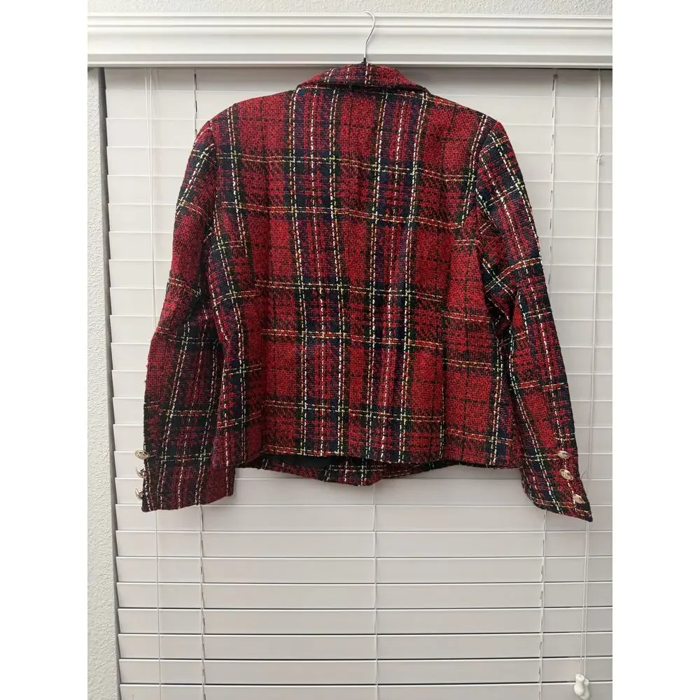 NWOT Red Plaid Tweed Blazer Gold Buttons Double Breasted Women XL - Picture 2 of 7